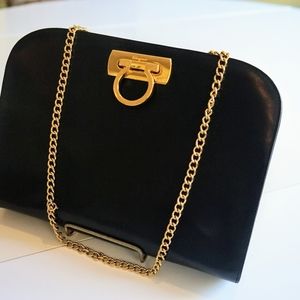 Ferragamo Shoulder Bag. Black Leather, Gold Chain